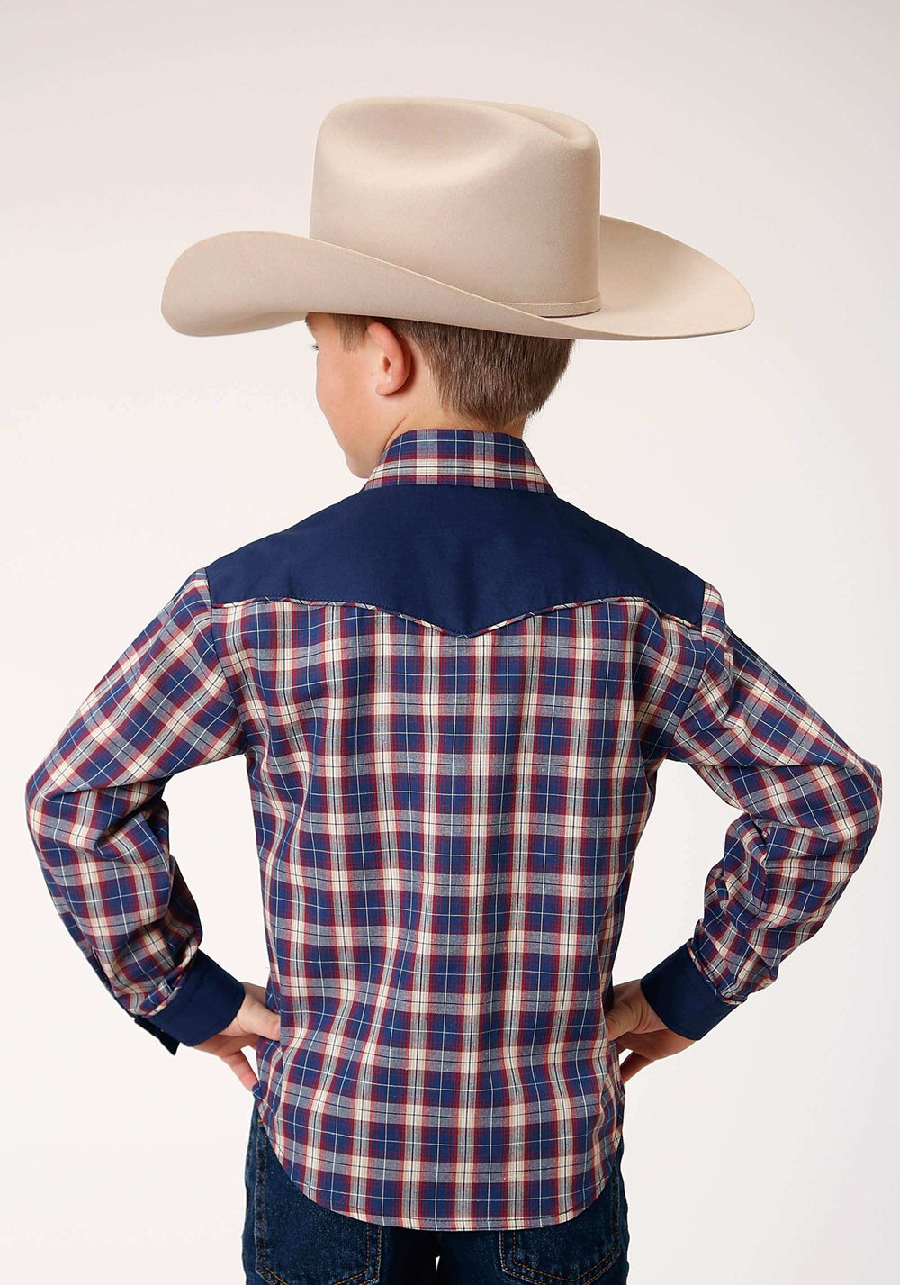 Roper Boys Long Sleeve Snap Navy Red Cream Plaid Western Shirt With Solid Yokes And Smile Pockets - Roper - Flyclothing LLC