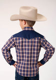 Roper Boys Long Sleeve Snap Navy Red Cream Plaid Western Shirt With Solid Yokes And Smile Pockets - Roper