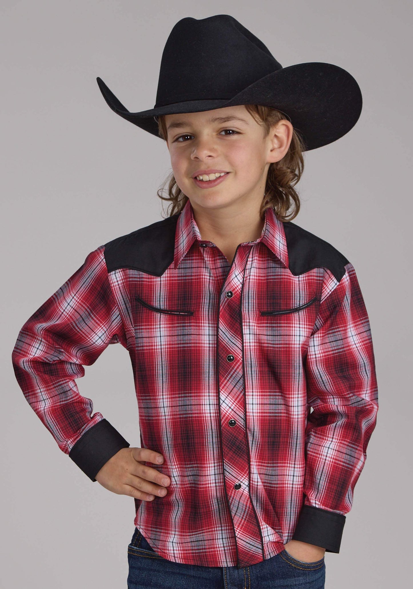 Roper Boys Red White And Black Plaid Long Sleeve Snap Western Shirt - Roper - Flyclothing LLC