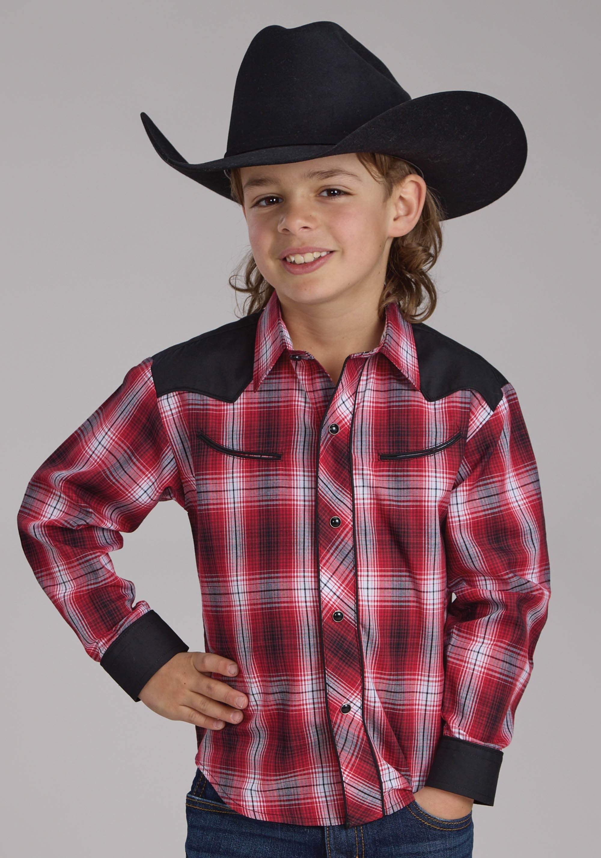 Roper Boys Red White And Black Plaid Long Sleeve Snap Western Shirt - Roper - Flyclothing LLC