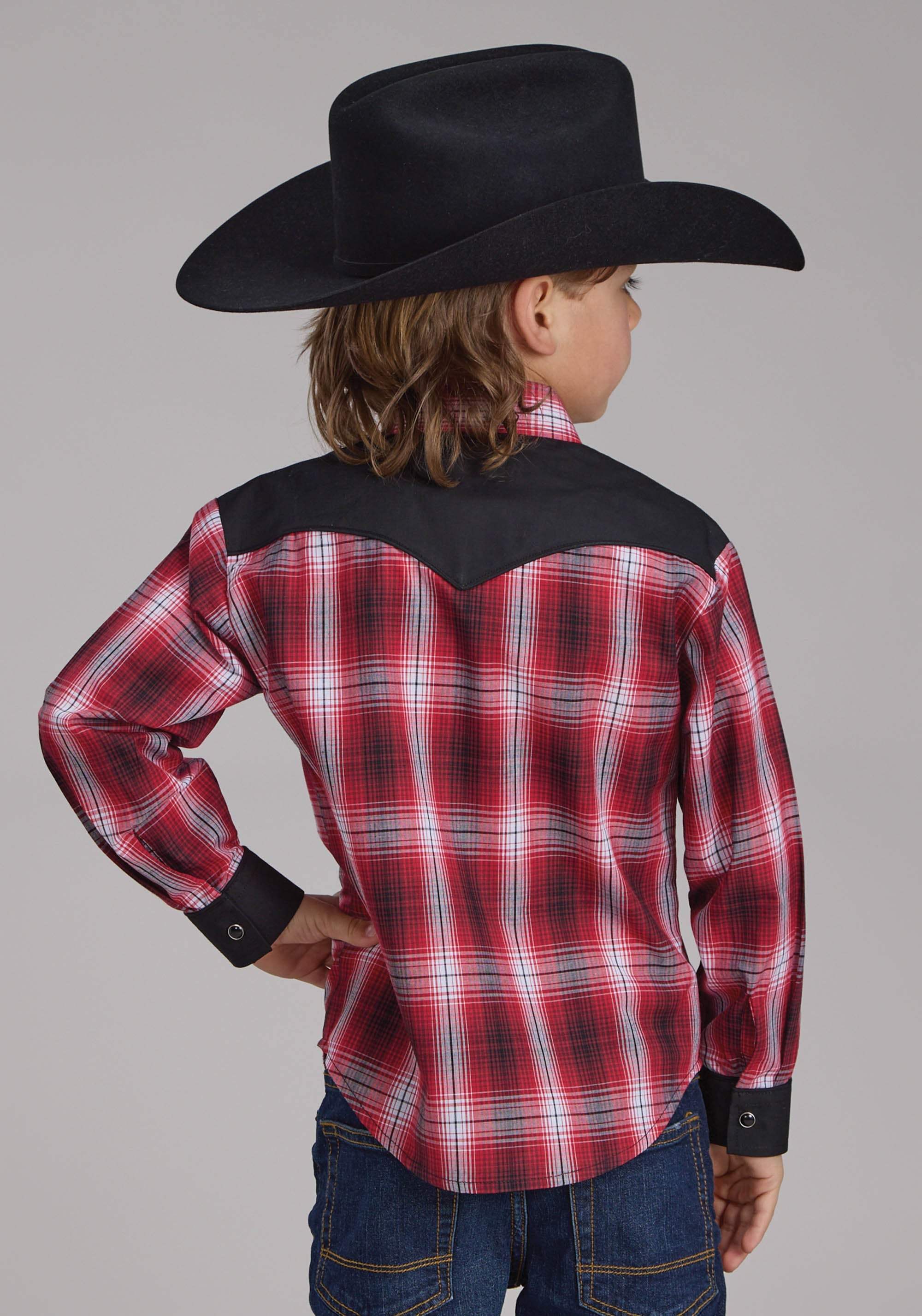 Roper Boys Red White And Black Plaid Long Sleeve Snap Western Shirt - Roper - Flyclothing LLC