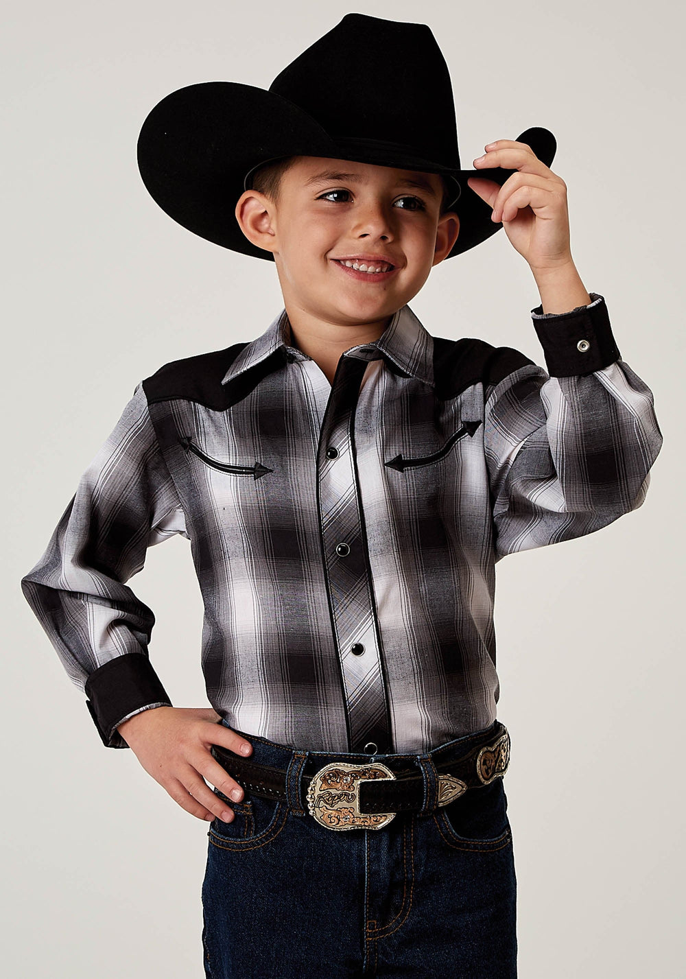 Roper Boys Long Sleeve Snap Black And White Plaid Western Shirt With Piping Solid Yokes Smile Pockets - Roper