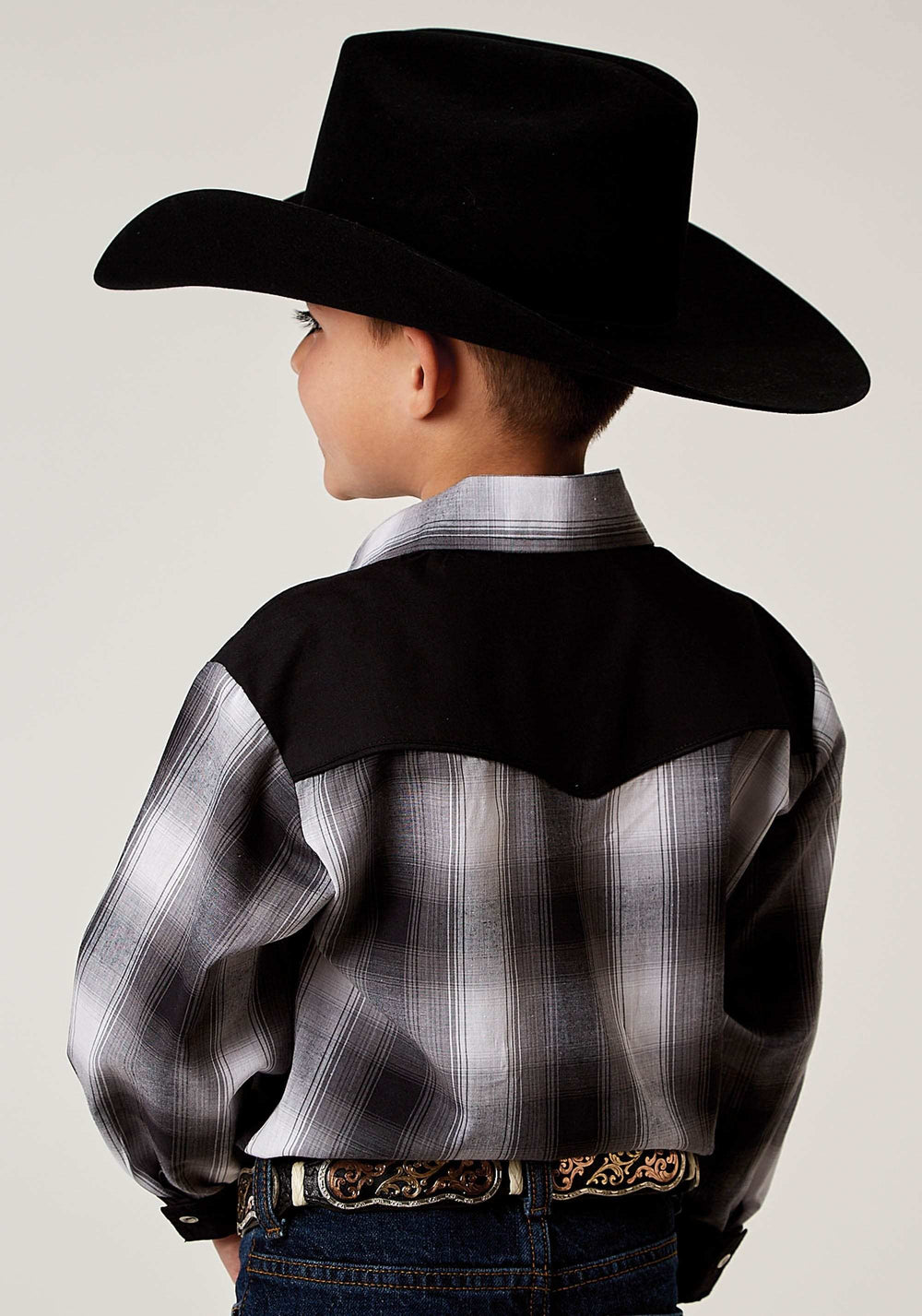 Roper Boys Long Sleeve Snap Black And White Plaid Western Shirt With Piping Solid Yokes Smile Pockets - Roper - Flyclothing LLC
