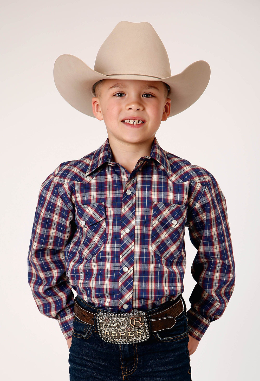 Roper Boys Long Sleeve Snap Navy Red Cream Windowpane Plaid Western Shirt - Roper
