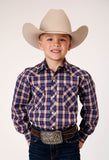 Roper Boys Long Sleeve Snap Navy Red Cream Windowpane Plaid Western Shirt - Roper
