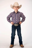Roper Boys Long Sleeve Snap Navy Red Cream Windowpane Plaid Western Shirt - Roper