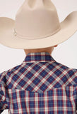 Roper Boys Long Sleeve Snap Navy Red Cream Windowpane Plaid Western Shirt - Roper