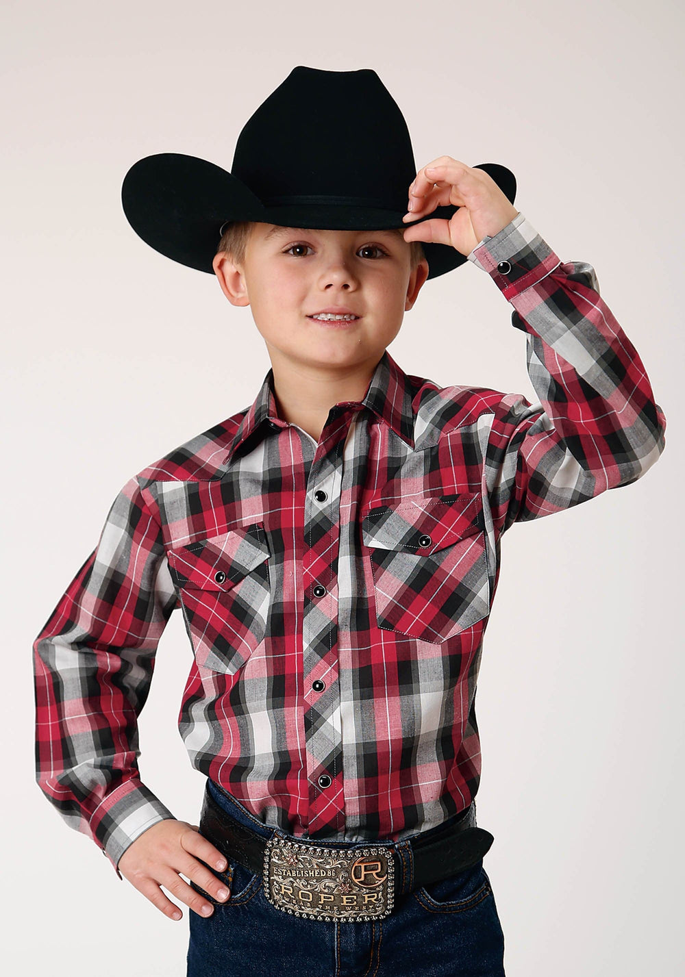 Roper Boys Long Sleeve Snap Red Black Grey Plaid Western Shirt - Roper