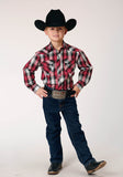 Roper Boys Long Sleeve Snap Red Black Grey Plaid Western Shirt - Roper