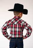 Roper Boys Long Sleeve Snap Red Black Grey Plaid Western Shirt - Roper