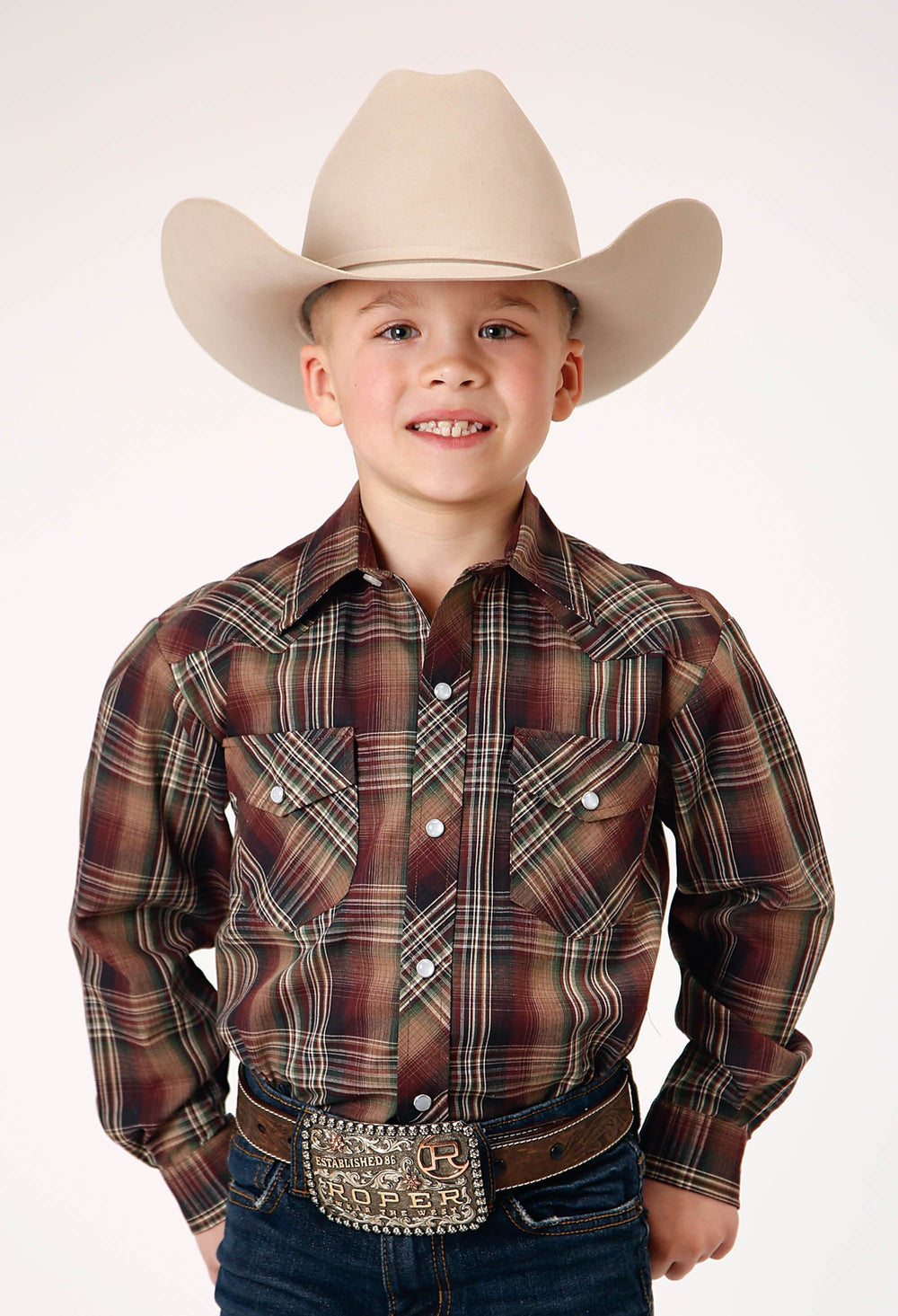 Roper Boys Long Sleeve Snap Multi Brown Black Green Plaid Western Shirt - Roper