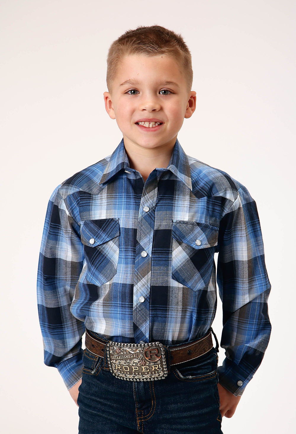 Roper Boys Long Sleeve Snap Blue Black White Plaid Western Shirt - Roper
