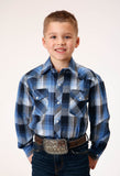 Roper Boys Long Sleeve Snap Blue Black White Plaid Western Shirt - Roper