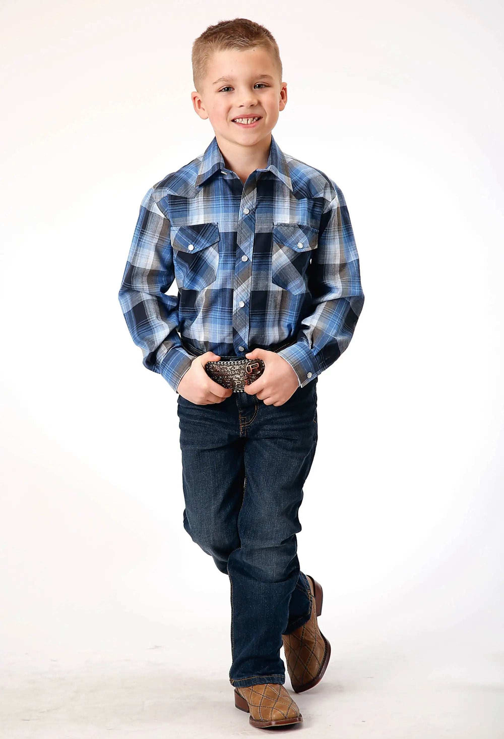 Roper Boys Long Sleeve Snap Blue Black White Plaid Western Shirt - Roper - Flyclothing LLC