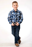 Roper Boys Long Sleeve Snap Blue Black White Plaid Western Shirt - Roper