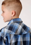 Roper Boys Long Sleeve Snap Blue Black White Plaid Western Shirt - Roper