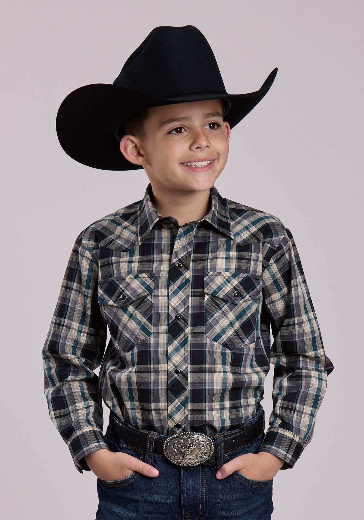 Roper Boys Long Sleeve Snap Forrest Black Tan Plaid Western Shirt - Roper - Flyclothing LLC