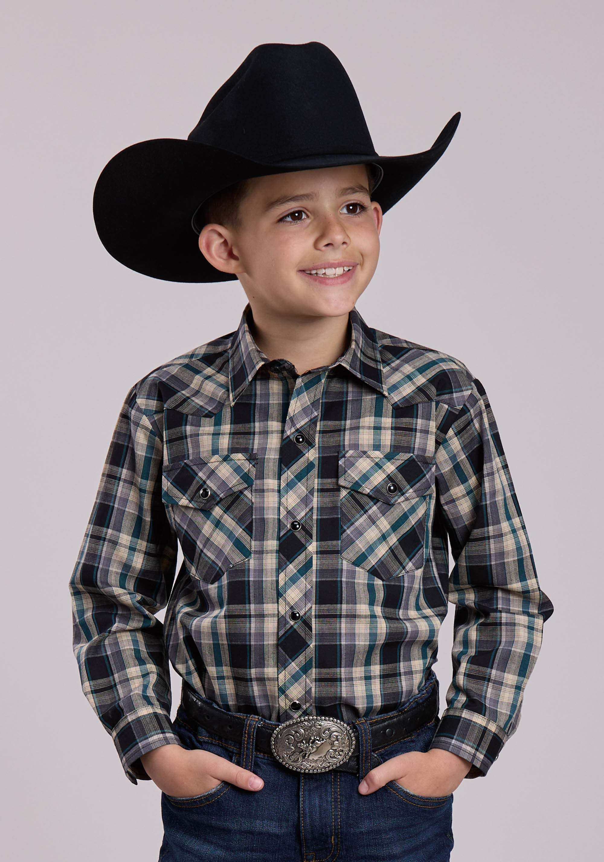 Roper Boys Long Sleeve Snap Forrest Black Tan Plaid Western Shirt - Roper - Flyclothing LLC
