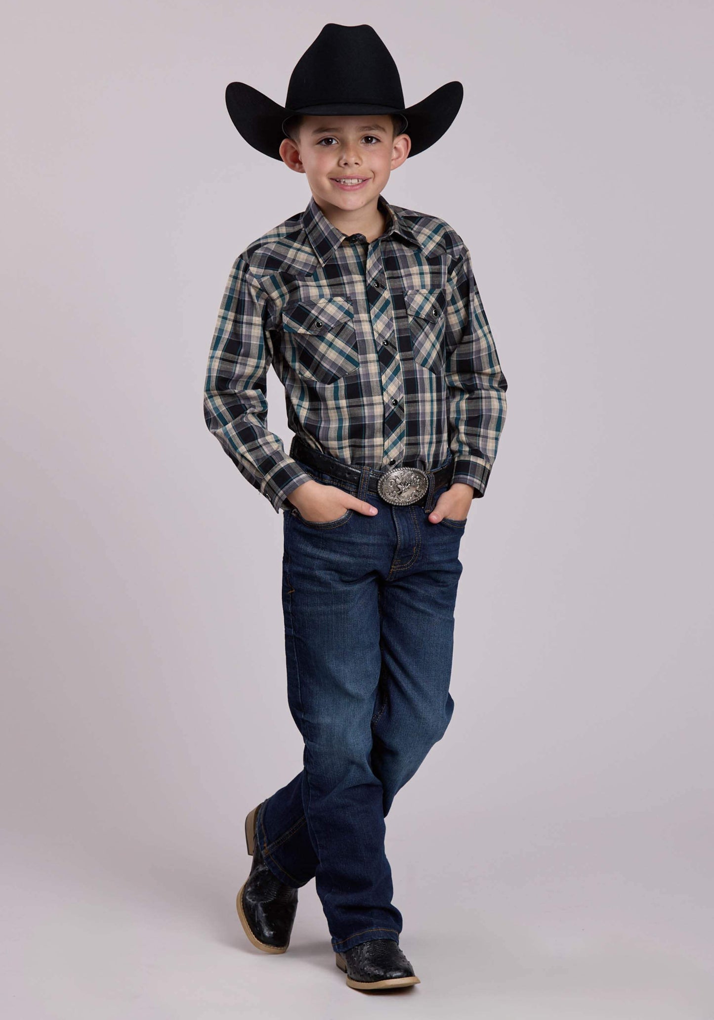 Roper Boys Long Sleeve Snap Forrest Black Tan Plaid Western Shirt - Roper - Flyclothing LLC