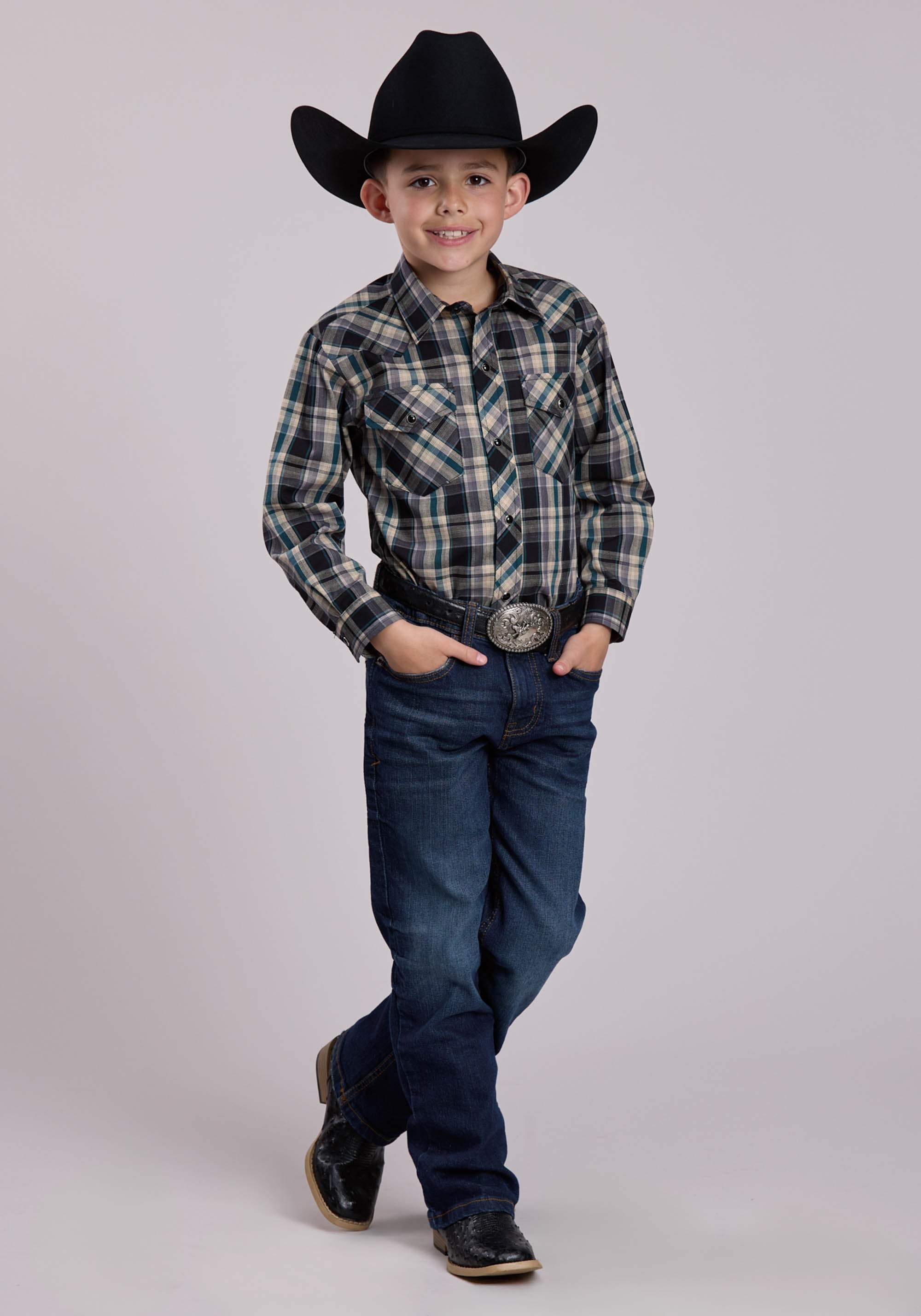 Roper Boys Long Sleeve Snap Forrest Black Tan Plaid Western Shirt - Roper - Flyclothing LLC