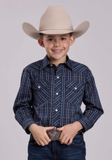 Roper Boys Long Sleeve Snap Blue Rust Yellow Windowpane Plaid Western Shirt - Roper - Flyclothing LLC