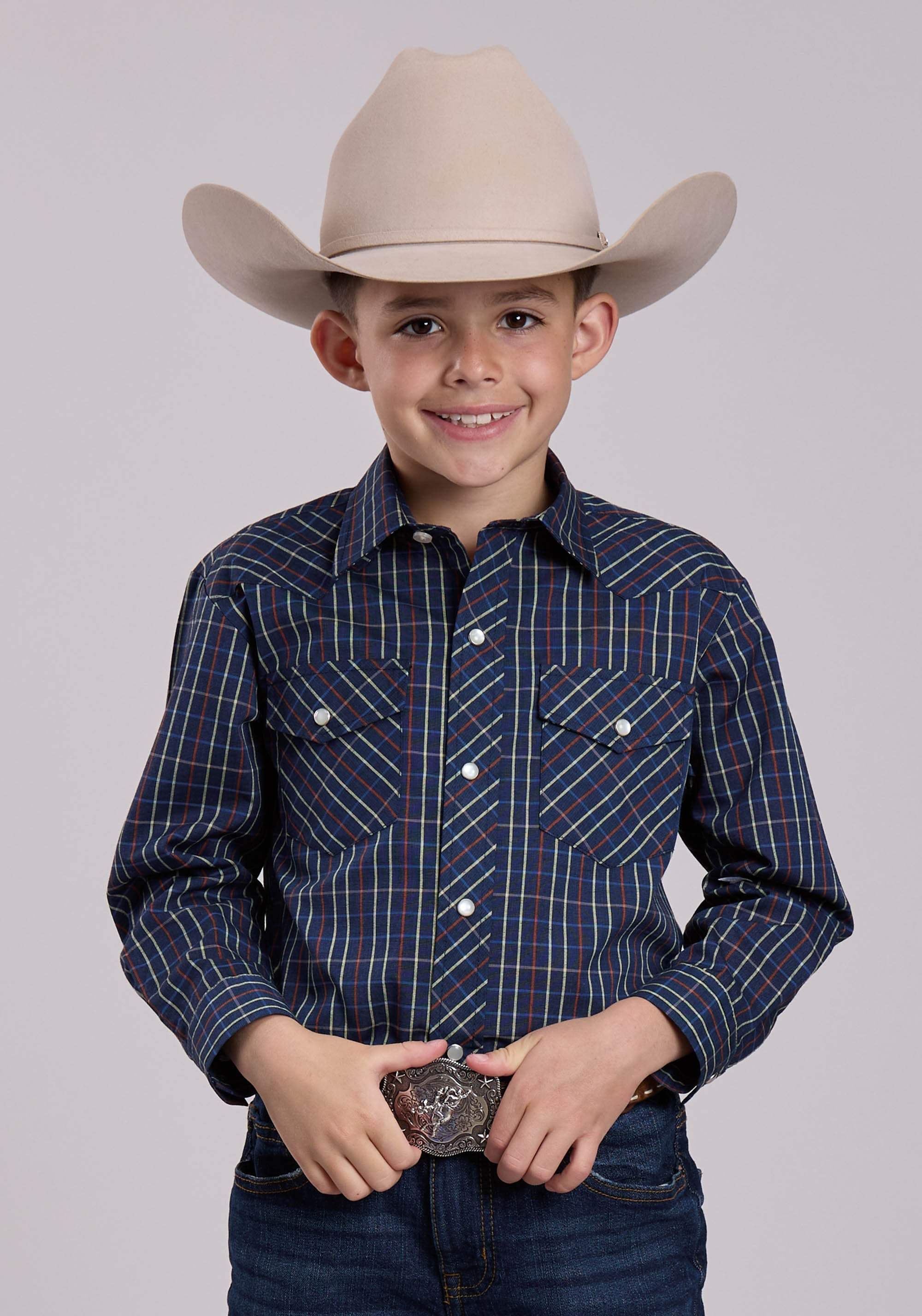 Roper Boys Long Sleeve Snap Blue Rust Yellow Windowpane Plaid Western Shirt - Roper - Flyclothing LLC