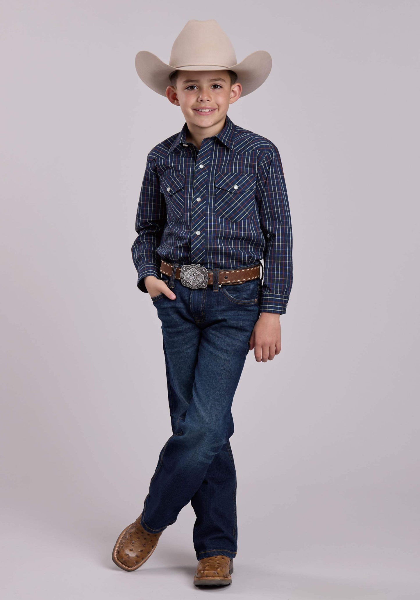 Roper Boys Long Sleeve Snap Blue Rust Yellow Windowpane Plaid Western Shirt - Roper - Flyclothing LLC