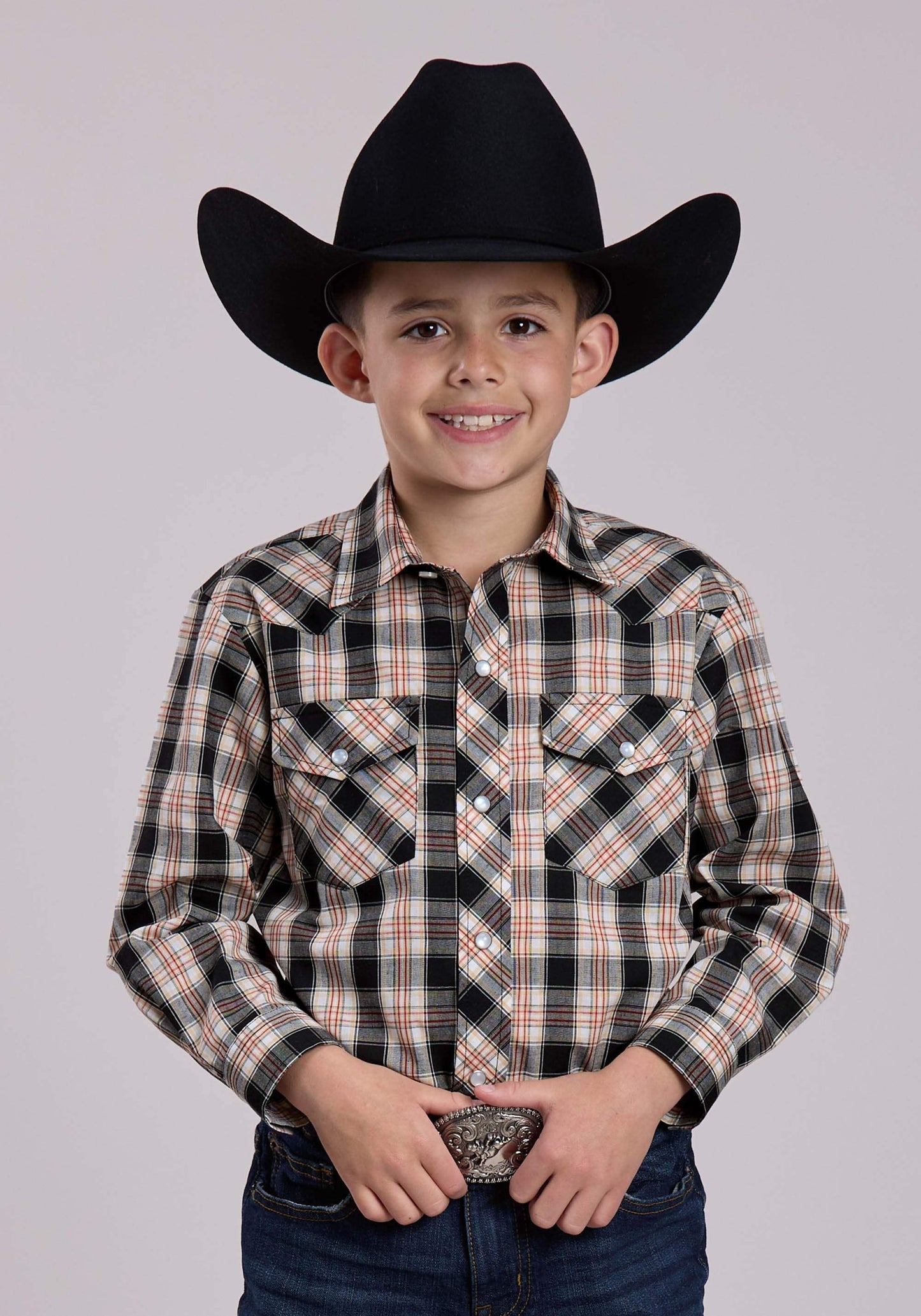 Boys Roper Black White Tan Plaid Long Sleeve Snap Shirt - Roper - Flyclothing LLC