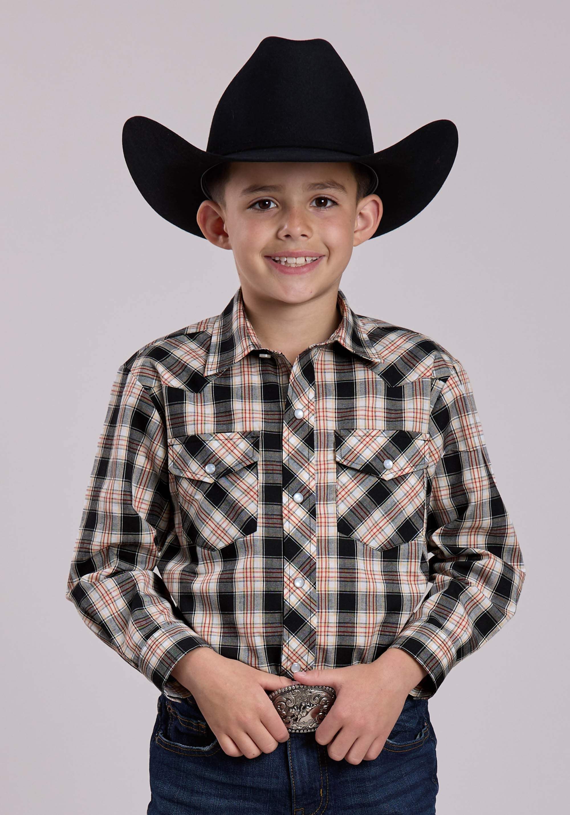 Boys Roper Black White Tan Plaid Long Sleeve Snap Shirt - Roper - Flyclothing LLC
