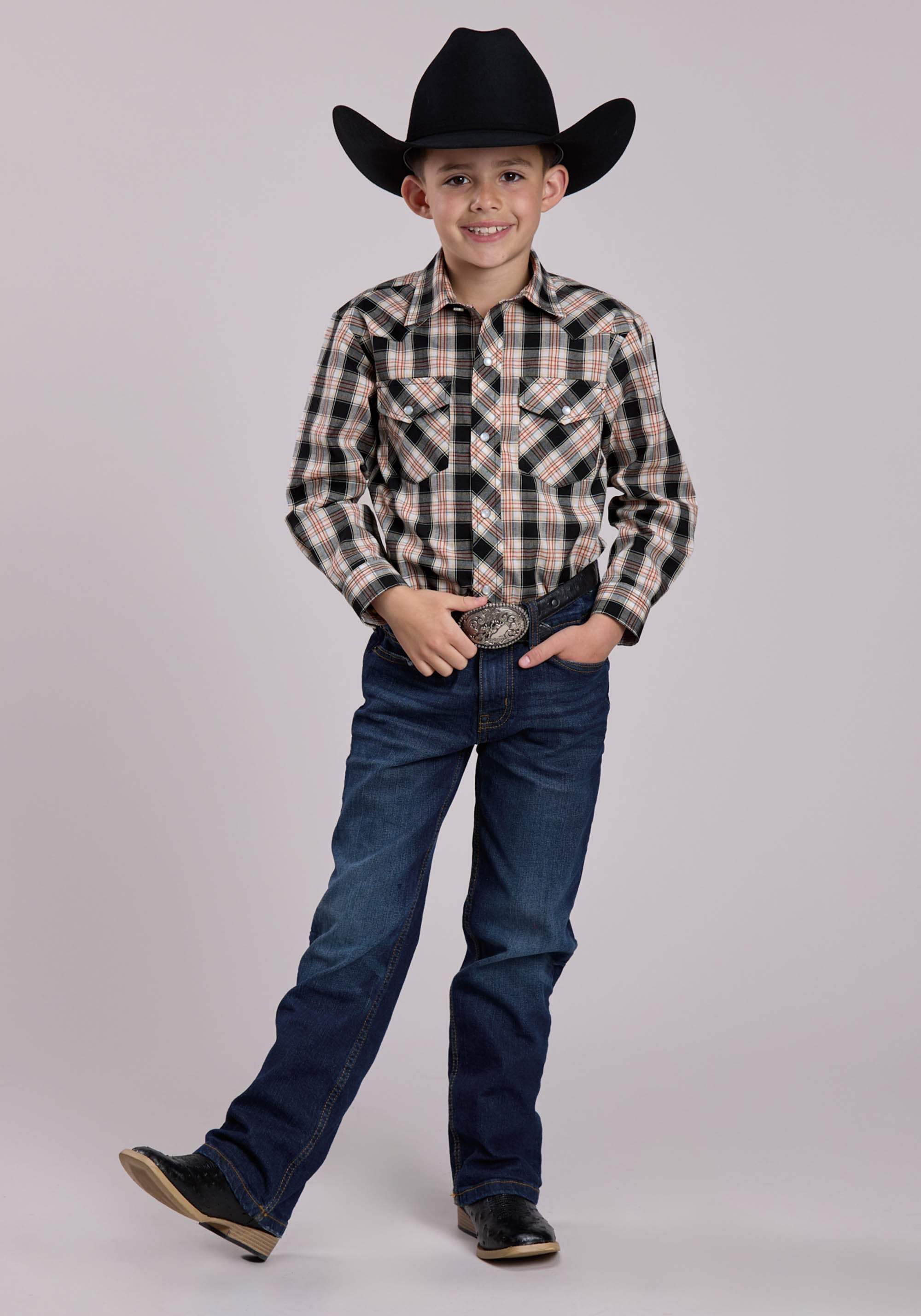 Boys Roper Black White Tan Plaid Long Sleeve Snap Shirt - Roper - Flyclothing LLC