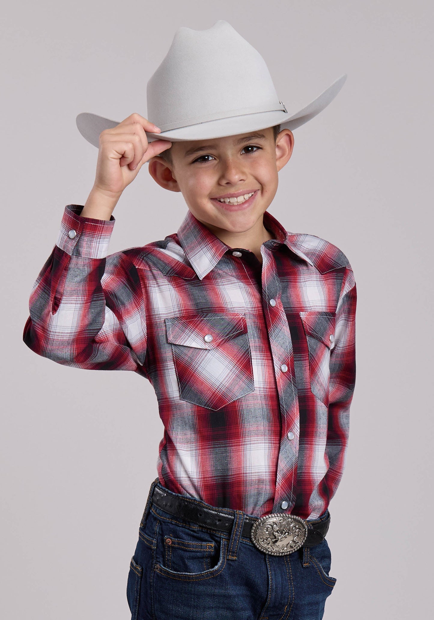 Boys Roper Black Red  White Plaid Long Sleeve Snap Shirt
