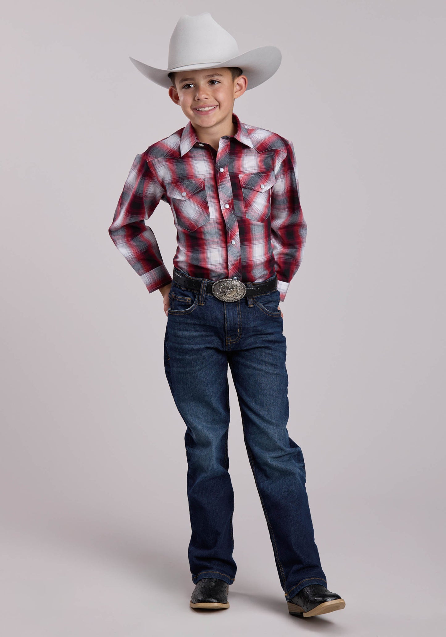 Boys Roper Black Red  White Plaid Long Sleeve Snap Shirt