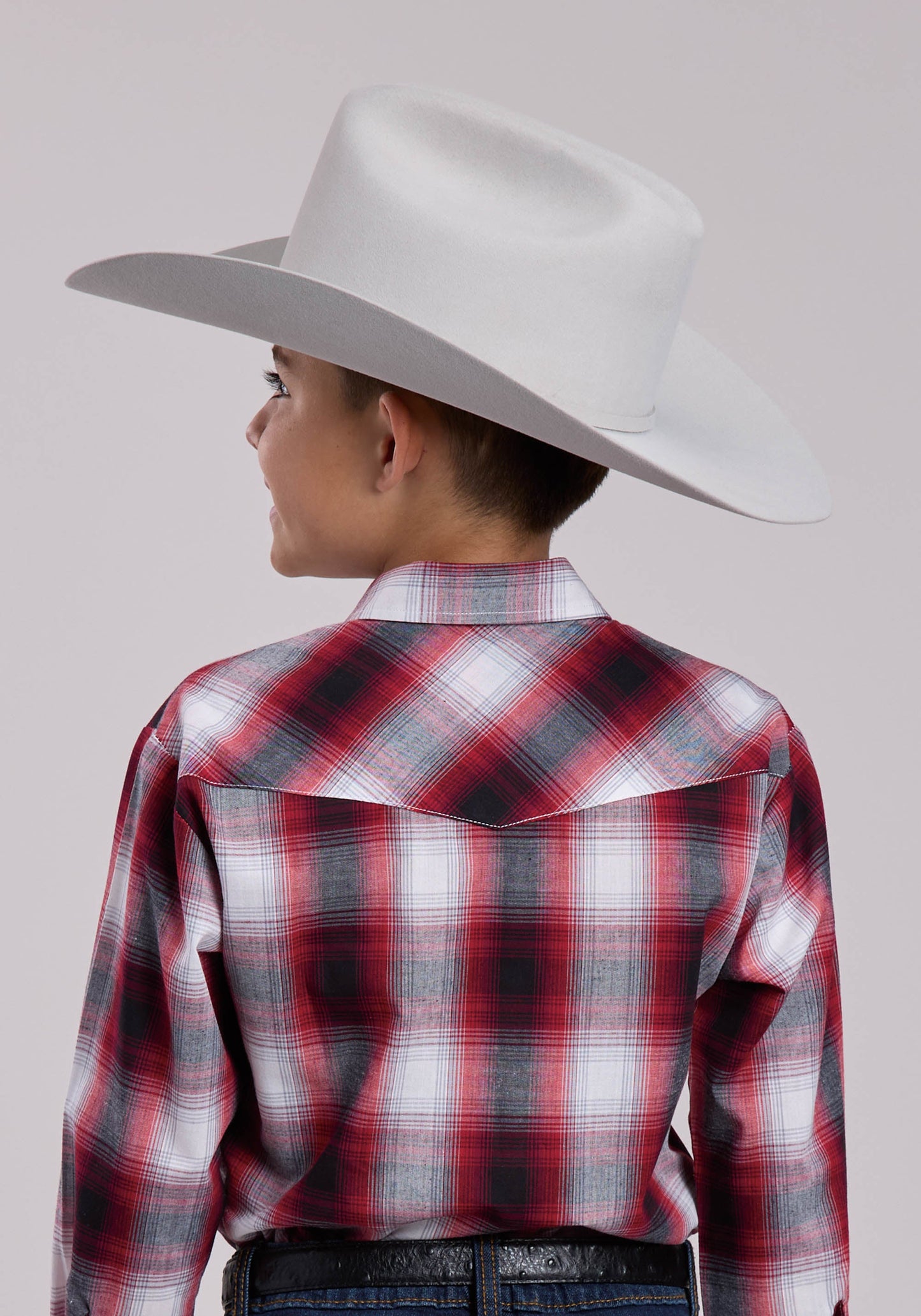 Boys Roper Black Red  White Plaid Long Sleeve Snap Shirt