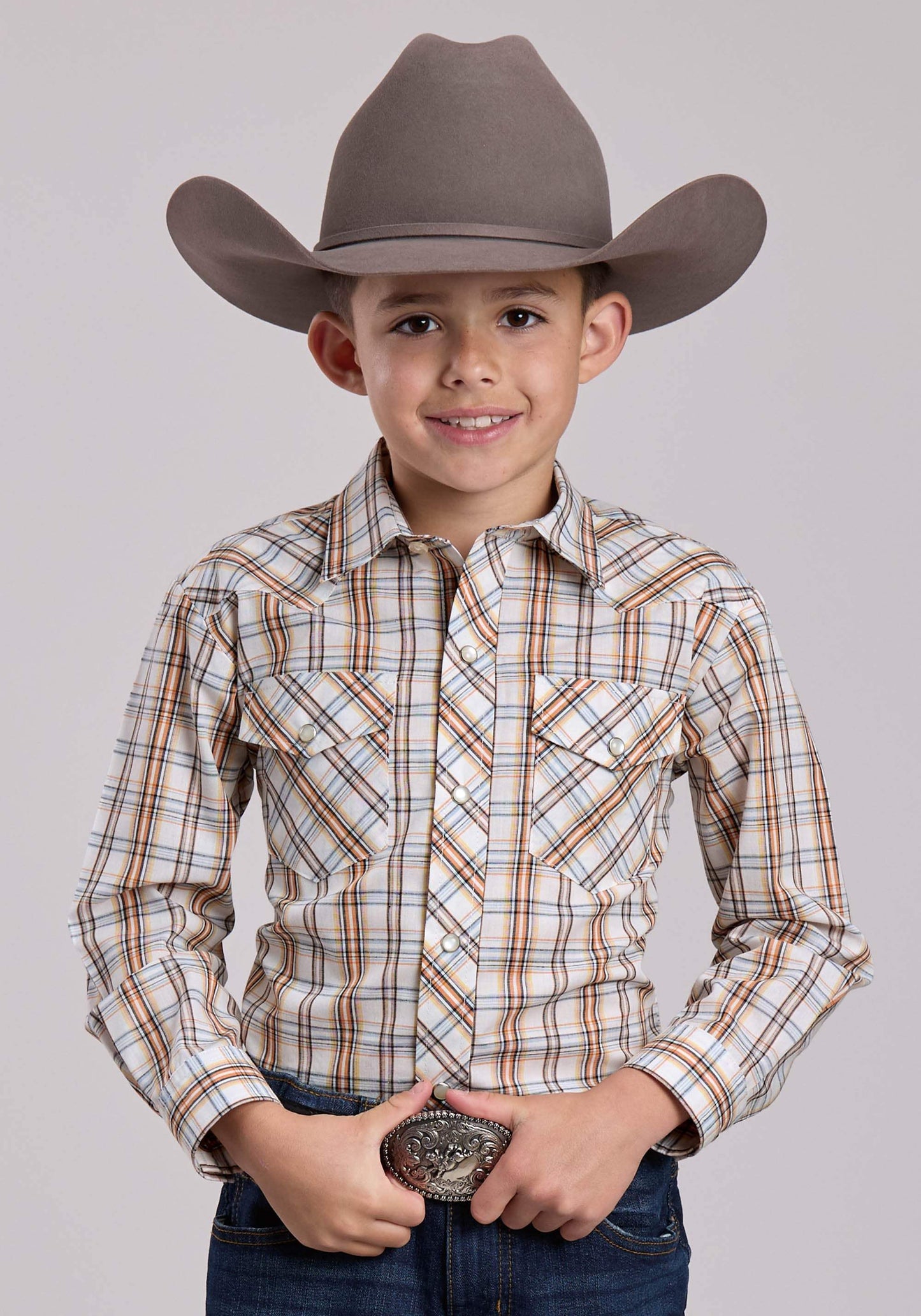 Boys Roper Cream Orange Plaid Long Sleeve Snap Shirt - Roper - Flyclothing LLC
