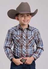 Boys Roper Brown Blue Plaid Long Sleeve Snap Shirt - Roper - Flyclothing LLC