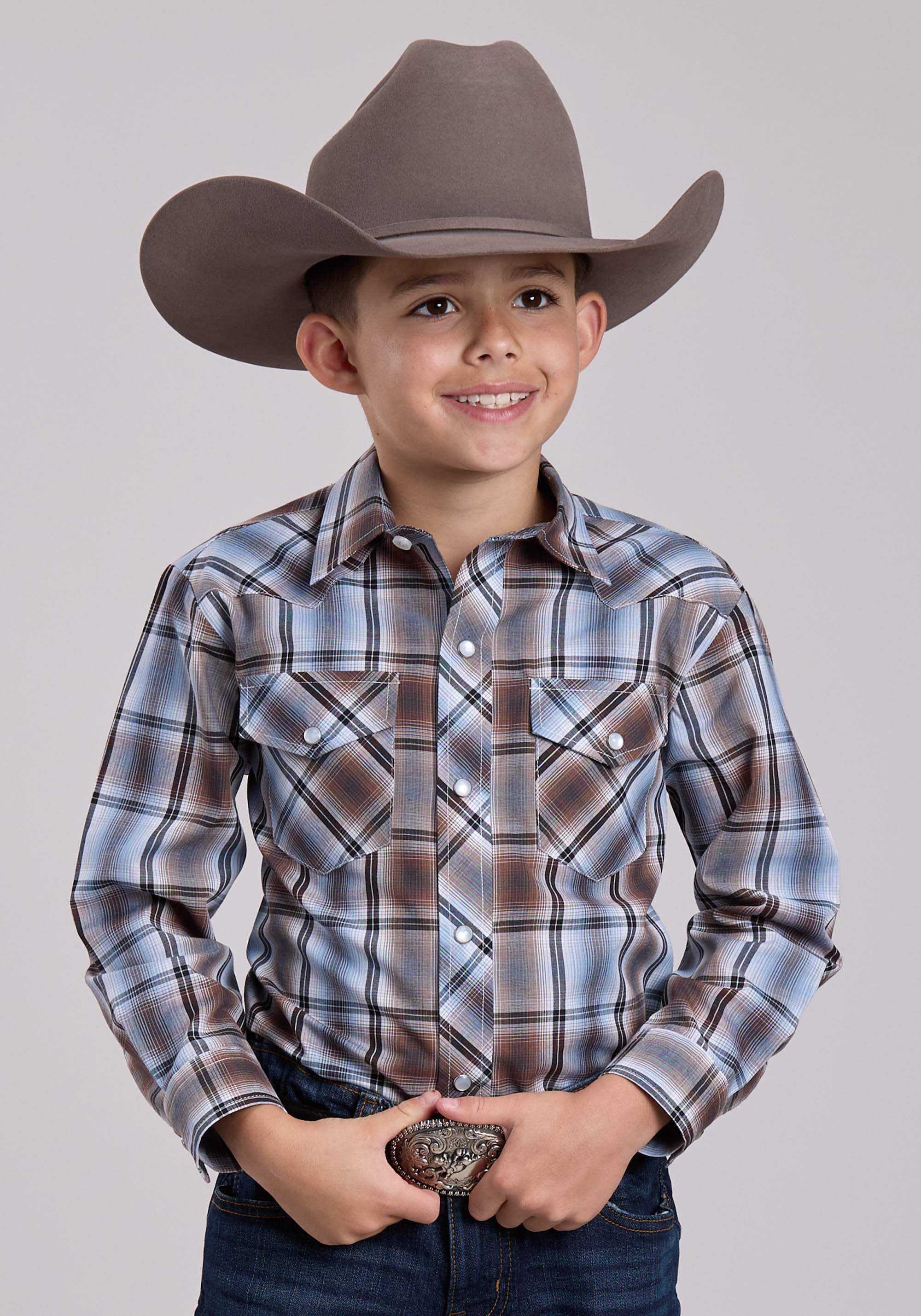 Boys Roper Brown Blue Plaid Long Sleeve Snap Shirt - Roper - Flyclothing LLC