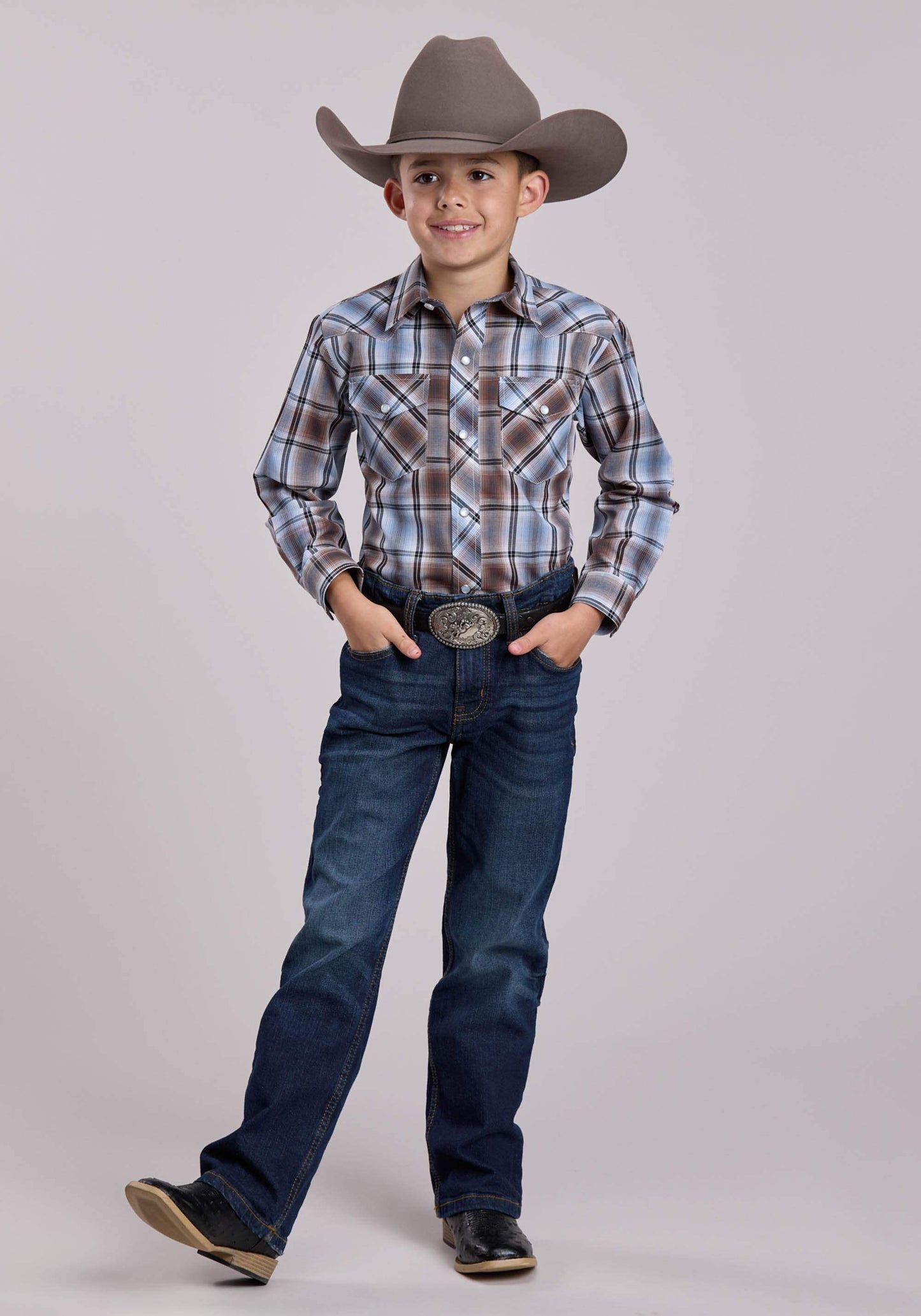 Boys Roper Brown Blue Plaid Long Sleeve Snap Shirt - Roper - Flyclothing LLC