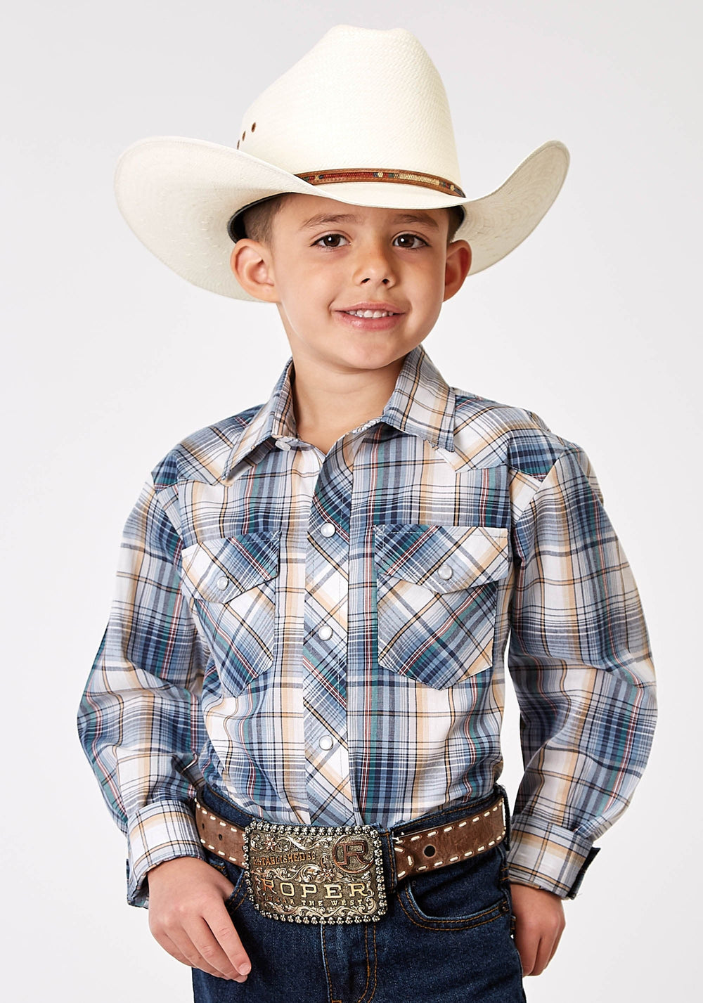 Roper Boys Long Sleeve Snap Madras Plaid Western Shirt - Roper