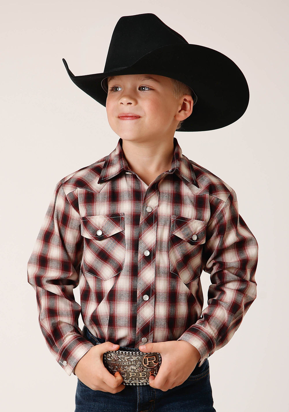 Roper Boys Long Sleeve Snap Wine Black Cream Plaid Western Shirt - Roper
