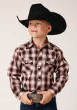 Roper Boys Long Sleeve Snap Wine Black Cream Plaid Western Shirt - Roper