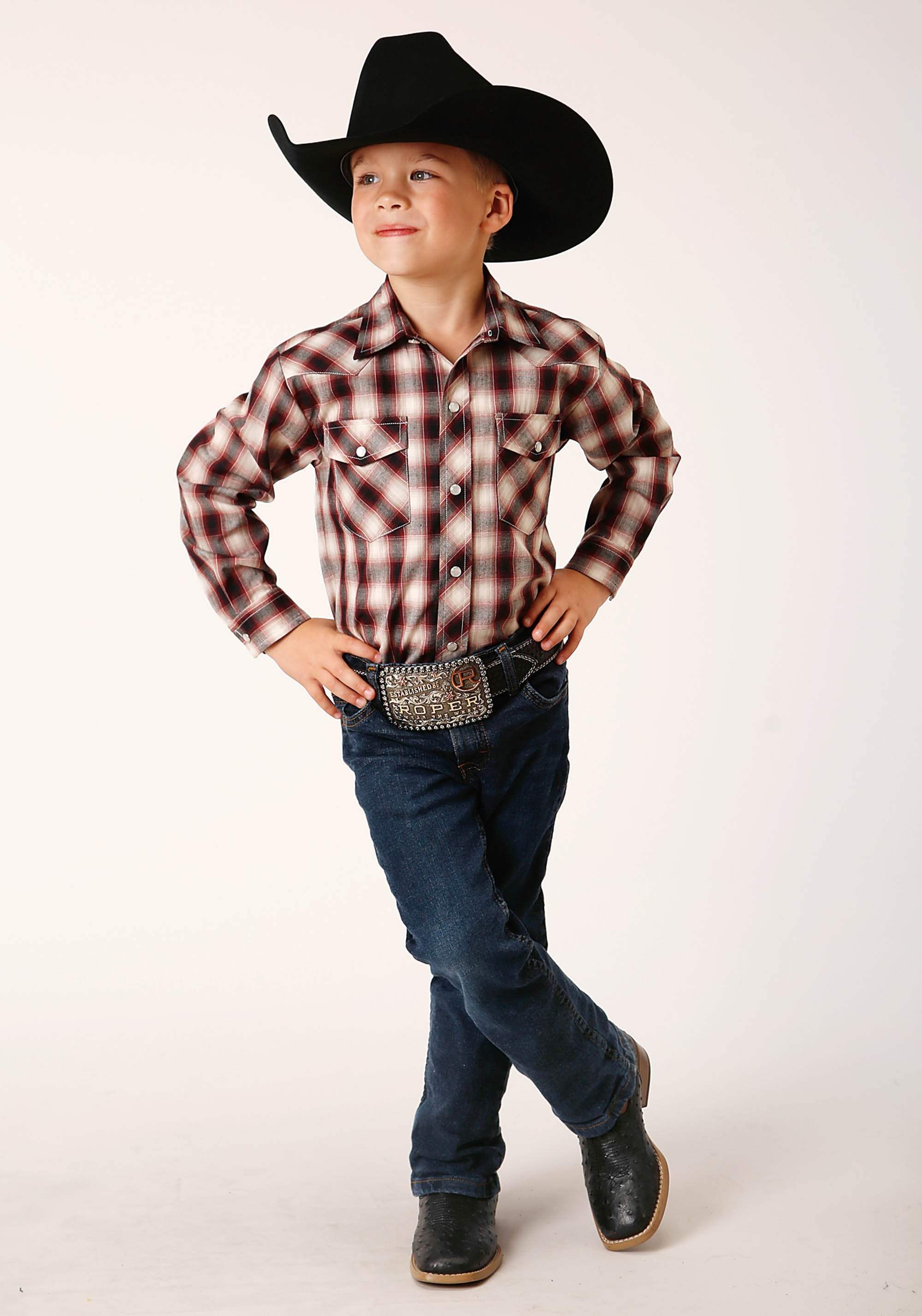Roper Boys Long Sleeve Snap Wine Black Cream Plaid Western Shirt - Roper - Flyclothing LLC