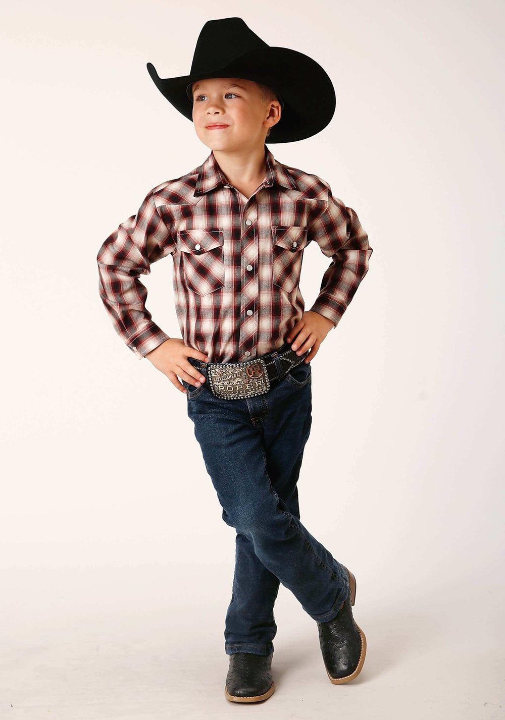 Roper Boys Long Sleeve Snap Wine Black Cream Plaid Western Shirt - Roper - Flyclothing LLC