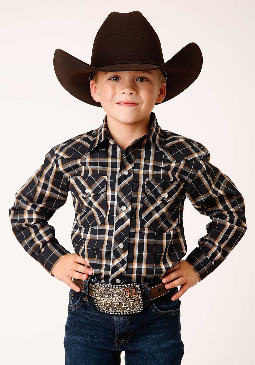 Roper Boys Long Sleeve Snap Navy Cream Gold Plaid Western Shirt - Roper