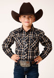 Roper Boys Long Sleeve Snap Navy Cream Gold Plaid Western Shirt - Roper