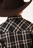 Roper Boys Long Sleeve Snap Navy Cream Gold Plaid Western Shirt - Roper