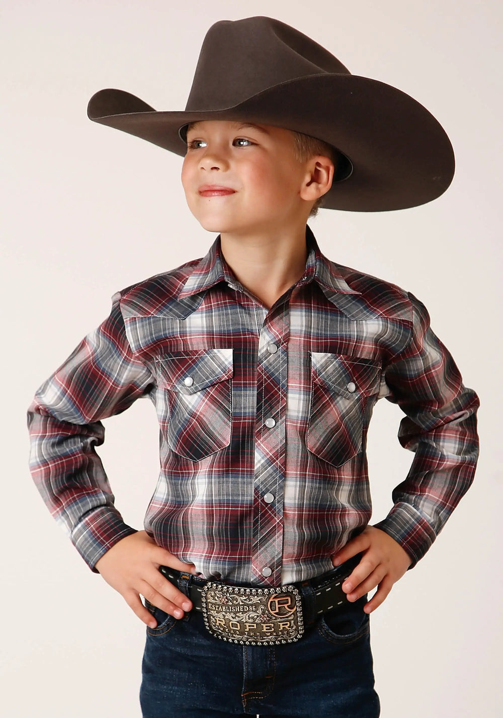 Roper Boys Long Sleeve Snap Red Black White Plaid Western Shirt - Roper