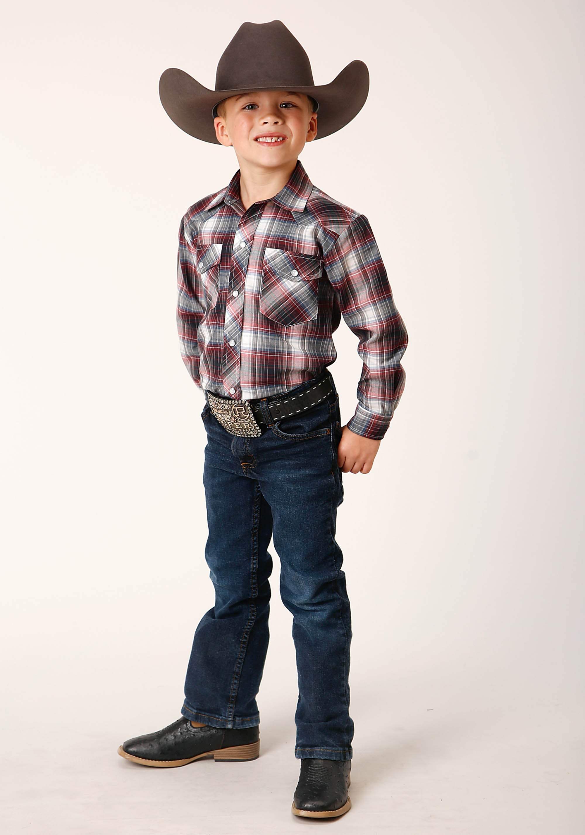 Roper Boys Long Sleeve Snap Red Black White Plaid Western Shirt - Roper - Flyclothing LLC