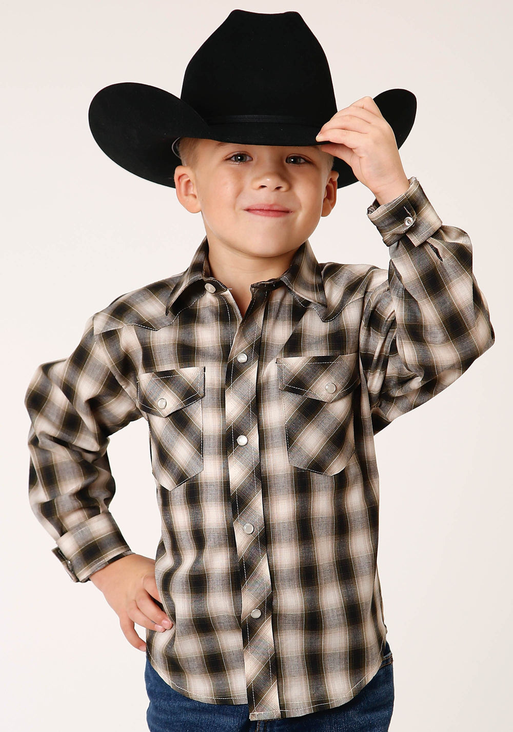 Roper Boys Long Sleeve Snap Black Cream And Olive Plaid Western Shirt - Roper