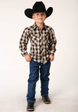 Roper Boys Long Sleeve Snap Black Cream And Olive Plaid Western Shirt - Roper