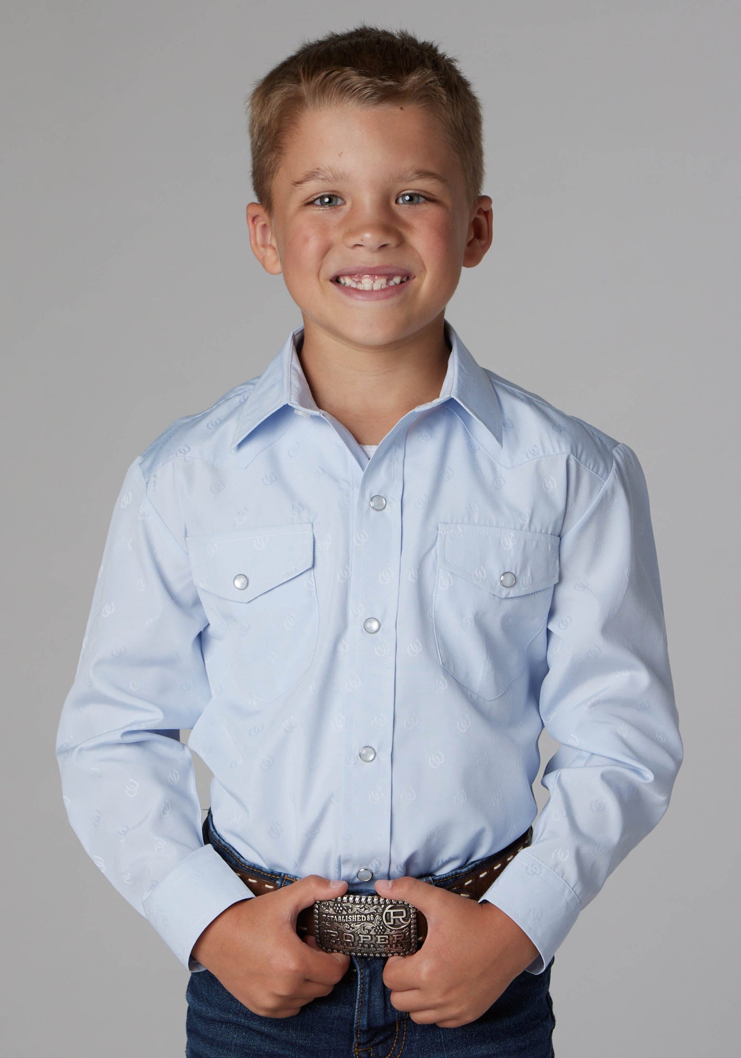 Roper Boys Light Blue Tone On Tone Horseshoes Long Sleeve Snap Western